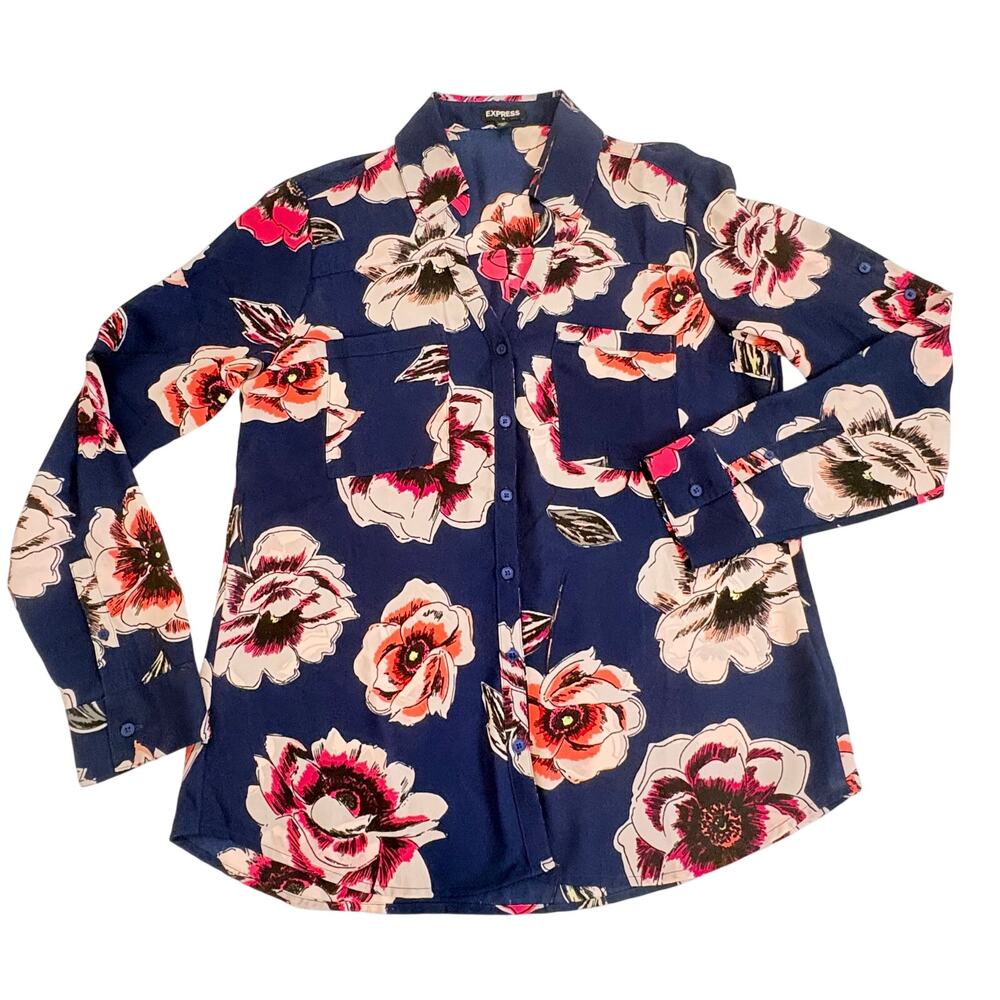 Express Womens Blouse Medium Blue Floral Button Front Lightweight Long Sleeve